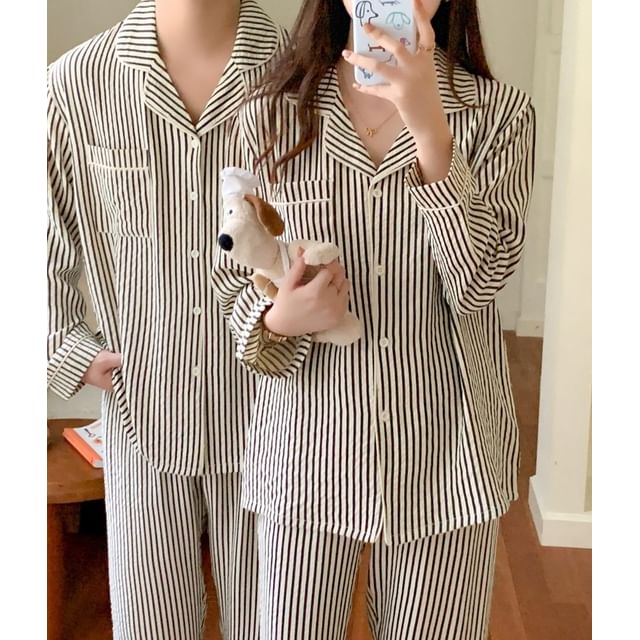 Couple Matching Pajama Set: Long-Sleeve Lapel Collar Striped Button Top + Pants (Various Designs)