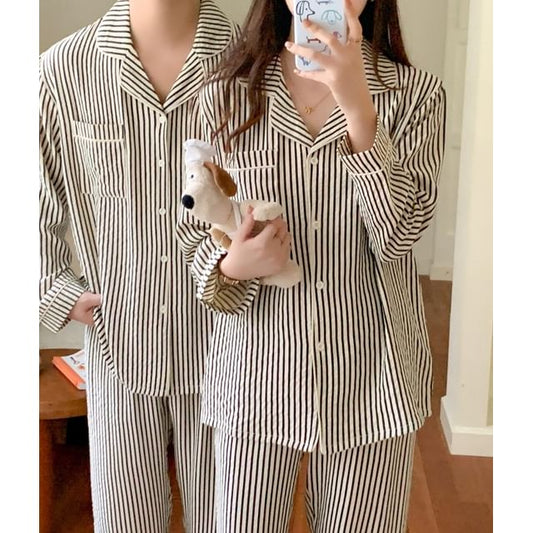 Couple Matching Pajama Set: Long-Sleeve Lapel Collar Striped Button Top + Pants (Various Designs)