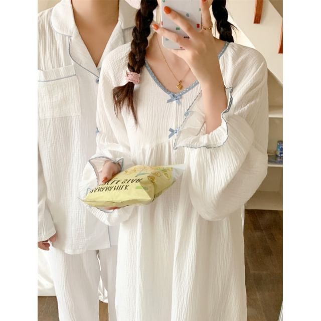 Couple Matching Long-Sleeve Contrast Trim Button Pajama Top / Pants / V-Neck Bow Midi Sleep Dress / Set