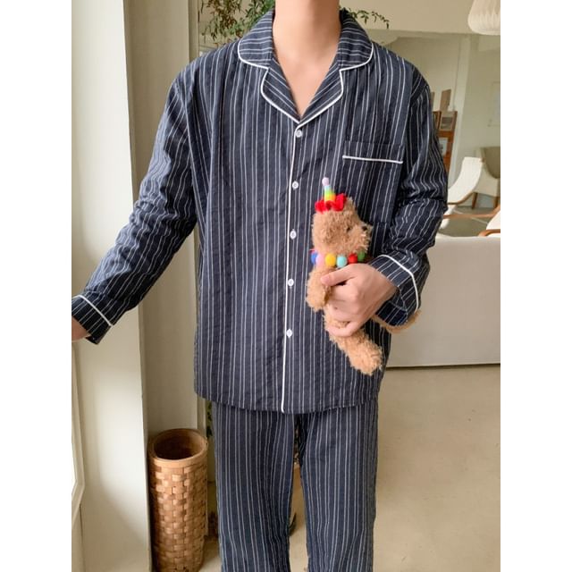 Couple Matching Pajama Set: Long-Sleeve Collar Striped Button Top + Pants (Various Designs)