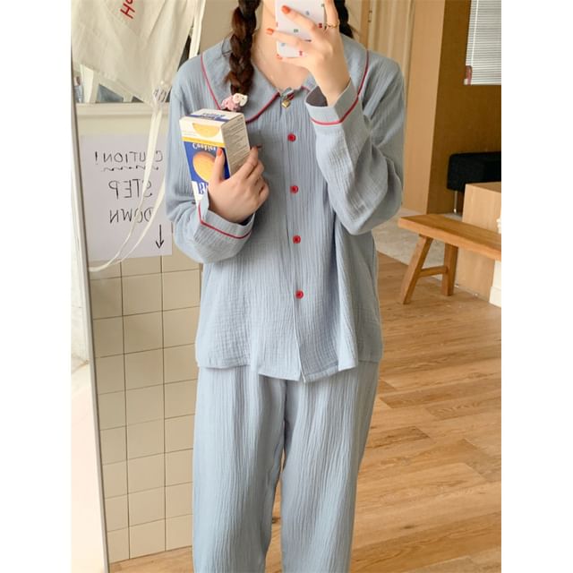 Couple Matching Pajama Set: Long-Sleeve Collar Contrast Trim Button Top + Pants (Various Designs)