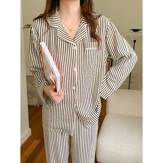 Couple Matching Pajama Set: Long-Sleeve Lapel Collar Striped Button Top + Pants (Various Designs)