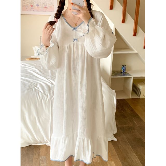 Couple Matching Long-Sleeve Contrast Trim Button Pajama Top / Pants / V-Neck Bow Midi Sleep Dress / Set