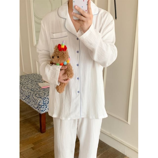 Couple Matching Long-Sleeve Contrast Trim Button Pajama Top / Pants / V-Neck Bow Midi Sleep Dress / Set