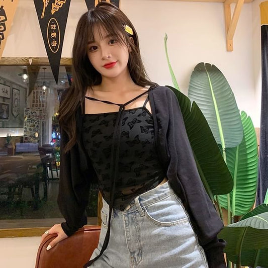 Long Sleeve Tie-Front Cropped Plain Cardigan