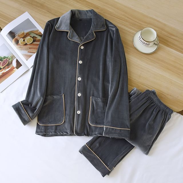 Couple Matching Pajama Set: Long-Sleeve Lapel Collar Contrast Trim Button-Up Flannel Top + Pants (Various Designs)