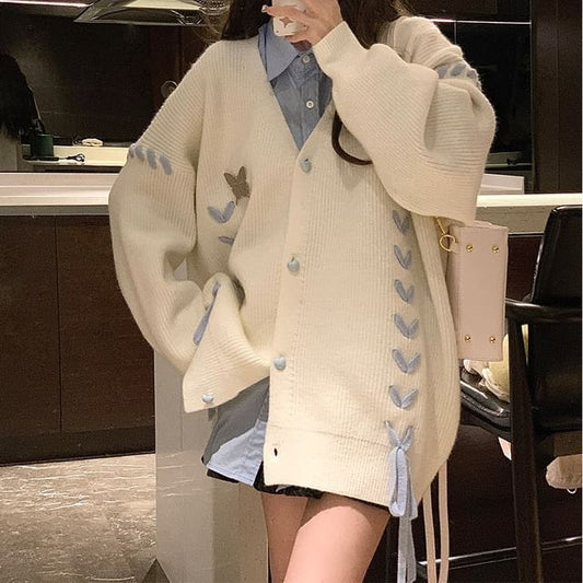 Butterfly Accent Lace-Up Heart Button V-Neck Cardigan