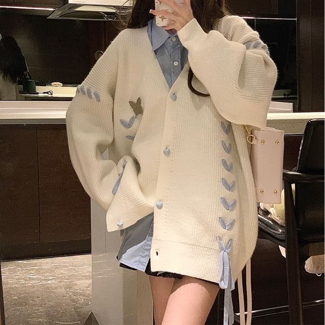Butterfly Accent Lace-Up Heart Button V-Neck Cardigan