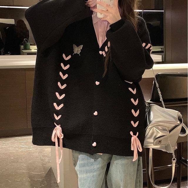 Butterfly Accent Lace-Up Heart Button V-Neck Cardigan