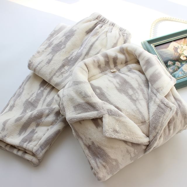 Couple Matching Pajama Set: Long-Sleeve Lapel Collar Zebra Print Flannel Button Top + Pants (Various Designs)