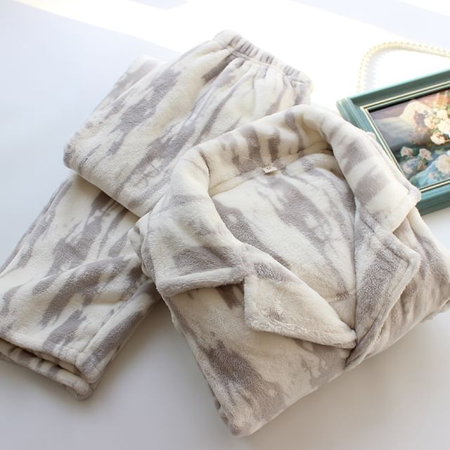 Couple Matching Pajama Set: Long-Sleeve Lapel Collar Zebra Print Flannel Button Top + Pants (Various Designs)