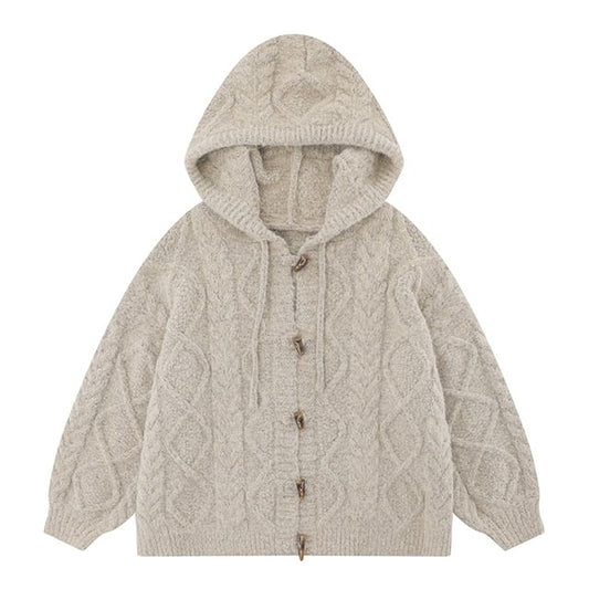 Solid Hood Cable Knit Toggle Cardigan