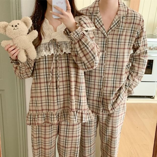 Couple Matching Long-Sleeve Plaid Pajama Top / Pants / Dress / Set
