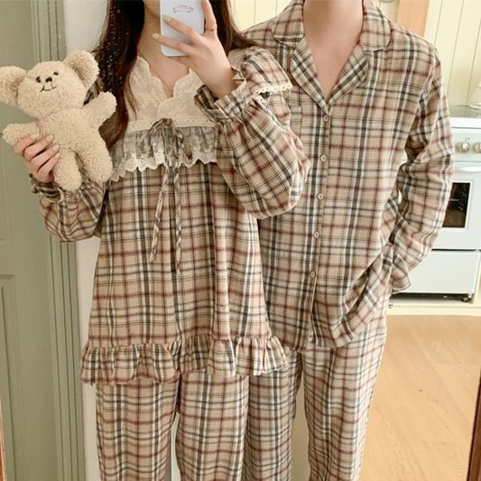 Couple Matching Long-Sleeve Plaid Pajama Top / Pants / Dress / Set