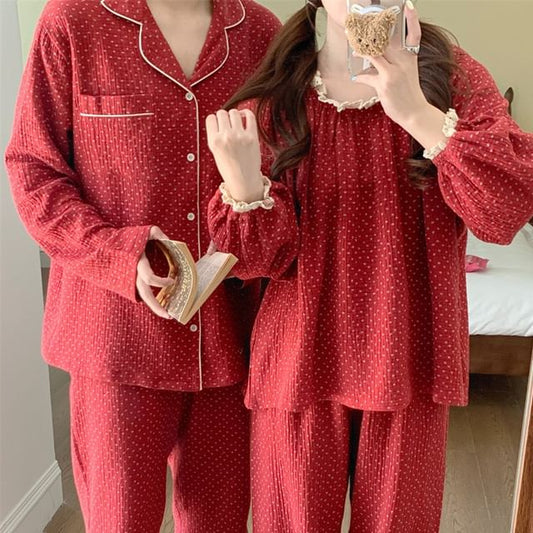 Couple Matching Long-Sleeve Dotted Pajama Top / Dress / Set