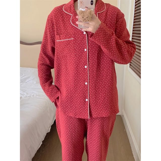 Couple Matching Long-Sleeve Dotted Pajama Top / Dress / Set