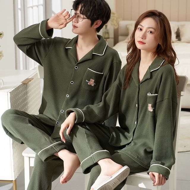 Couple Matching Loungewear Set : Long-Sleeve Bear Print Top + Pants