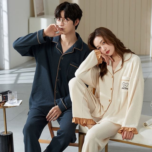 Couple Matching Loungewear Set : Long-Sleeve Bear Print Top + Pants