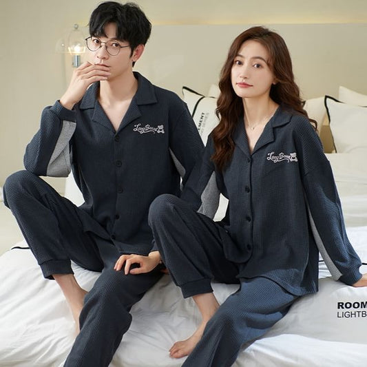 Couple Matching Loungewear Set : Long-Sleeve Color Block Bear Print Top + Pants
