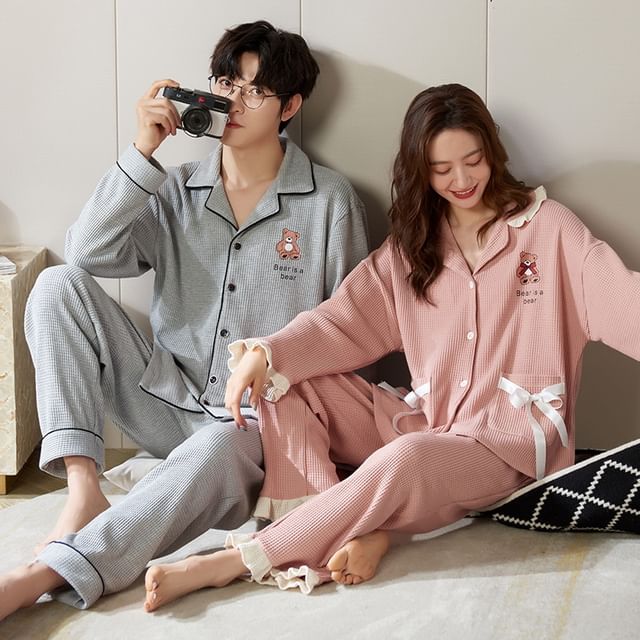Couple Matching Loungewear Set : Long-Sleeve Bear Print Top + Pants