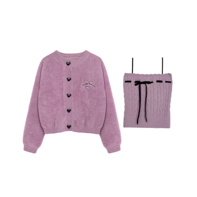 Crew Neck Basic Fluffy Cardigan Set
