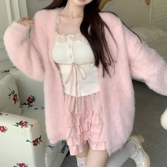 Basic Fluffy Open Front Cardigan Set with Lace Cami and Mini Skirt