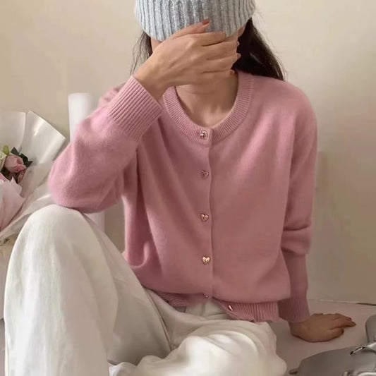 Round Neck Solid Heart Button Cardigan