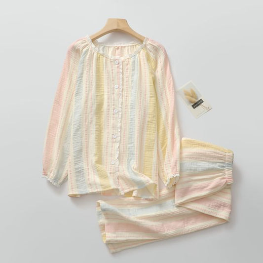 Color Block Pajama Set with Lace Trim Button-Up and Pants