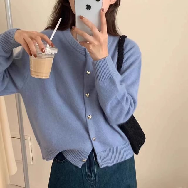 Round Neck Solid Heart Button Cardigan