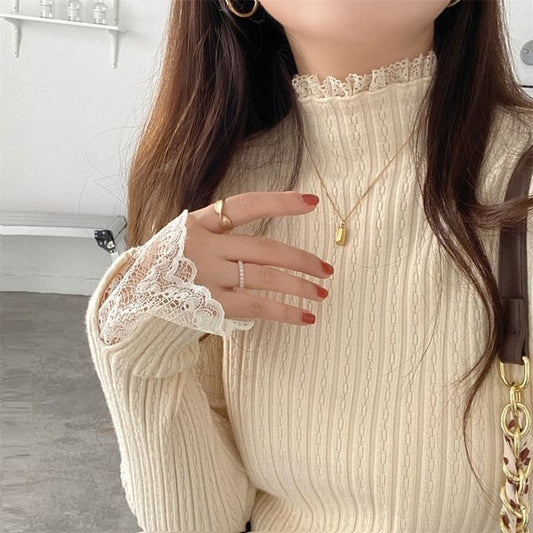 Ribbed Mock Neck Lace Trim Knit Sweater