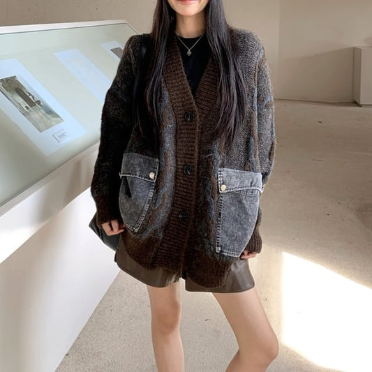 Denim Trim Cable Knit Oversized Button-Up Cardigan