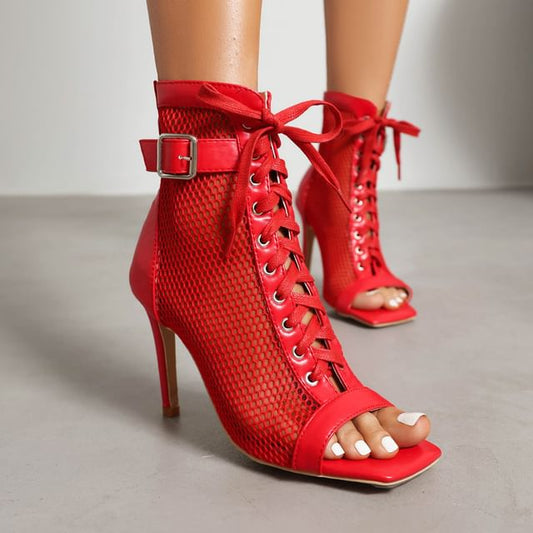 High Heel Lace-Up Perforated Ankle Sandals