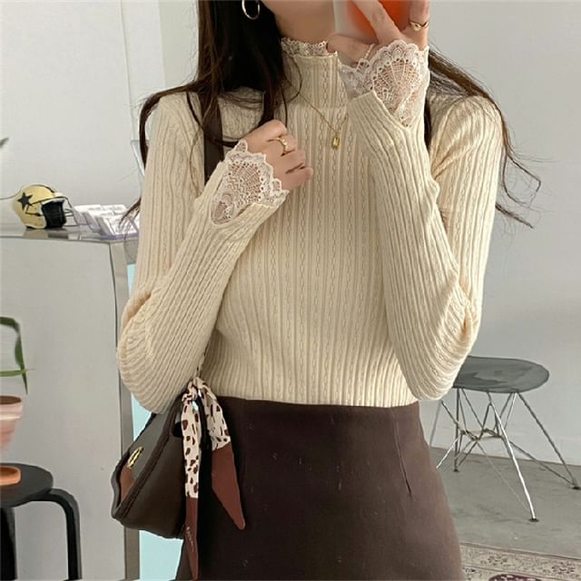 Ribbed Mock Neck Lace Trim Knit Sweater