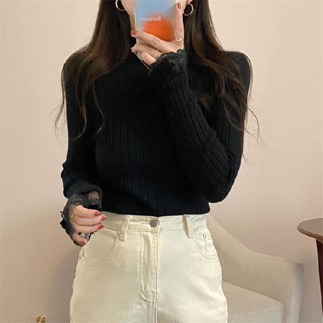 Ribbed Mock Neck Lace Trim Knit Sweater
