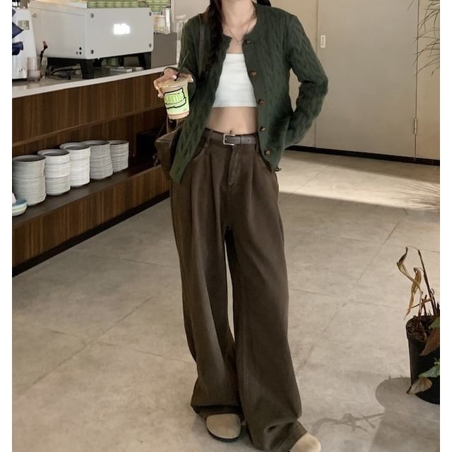 Round Neck Cable Knit Cardigan with Wide Leg Jeans