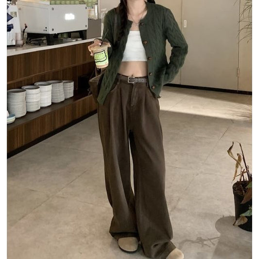 Round Neck Cable Knit Cardigan with Wide Leg Jeans