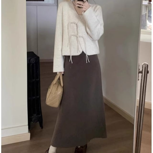 Melange Frog Closure Cardigan with Knit Maxi A-Line Skirt