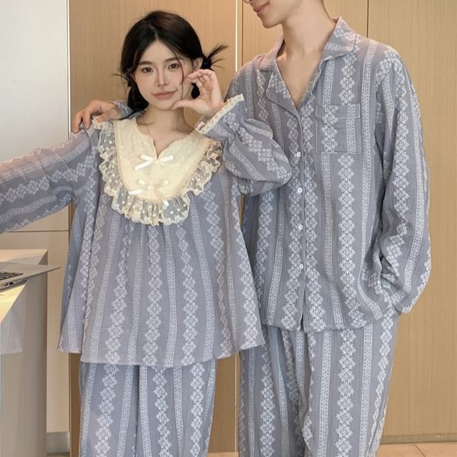 Couple Matching Pajama Set: Long Sleeve Patterned Print Top + High Waist Straight Leg Pants (Various Designs)