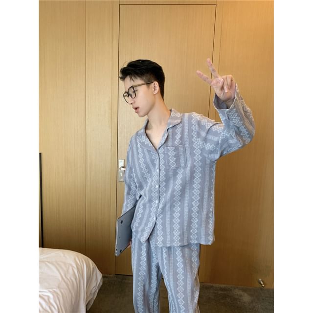 Couple Matching Pajama Set: Long Sleeve Patterned Print Top + High Waist Straight Leg Pants (Various Designs)