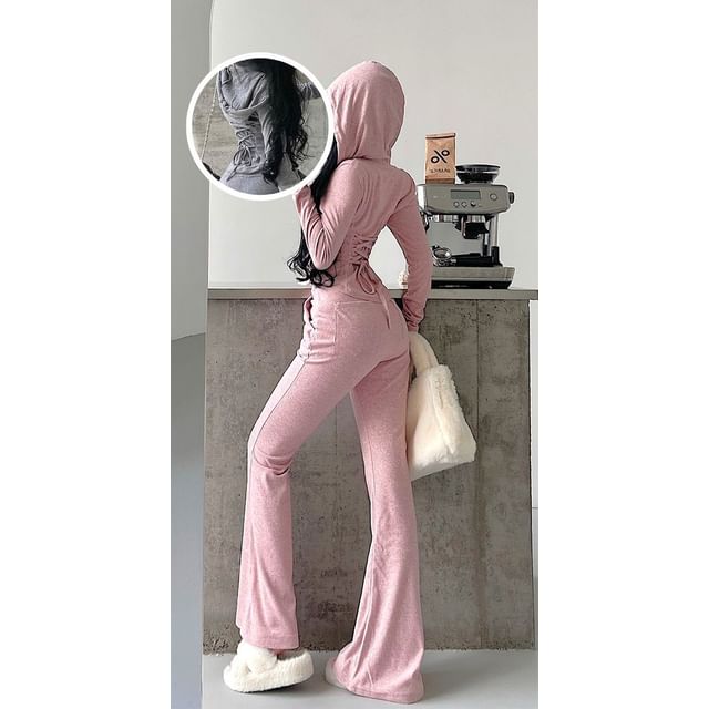 Long-Sleeve Hooded Lace-Up Tee with Flared Jeans