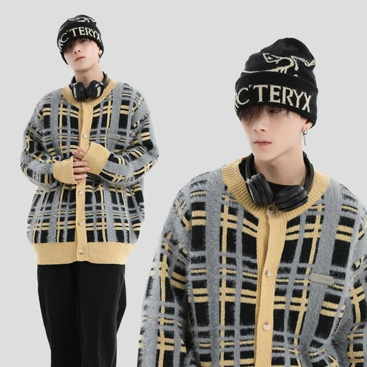 Couple Matching Round Neck Plaid Oversized Cardigan