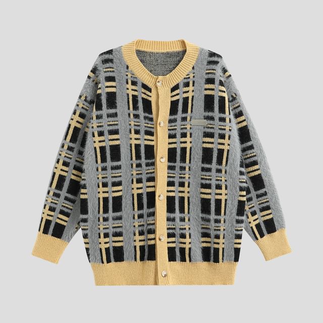 Couple Matching Round Neck Plaid Oversized Cardigan