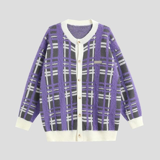 Couple Matching Round Neck Plaid Oversized Cardigan