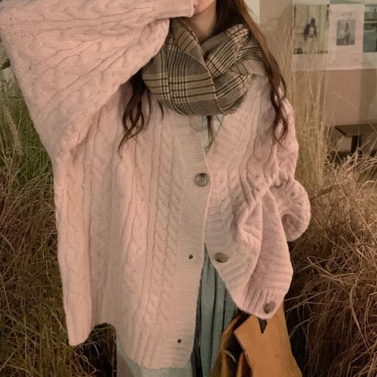 V-Neck Cable Knit Plain Cardigan