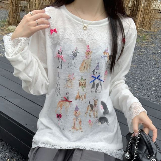 Crew Neck Dog Print Lace-Trimmed Long Sleeve Tee