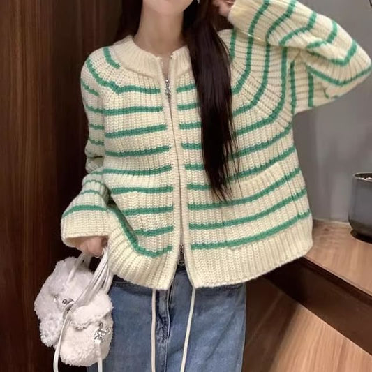 Striped Ribbed Round Neck Zip Cardigan