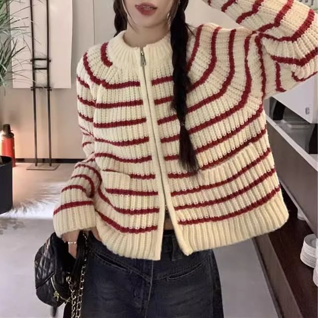Striped Ribbed Round Neck Zip Cardigan