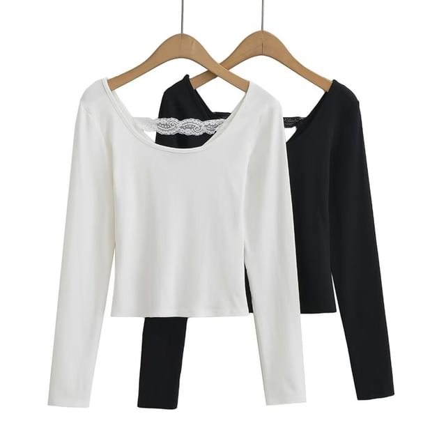Slim-Fit Scoop Neck Lace Panel Crop Shirt