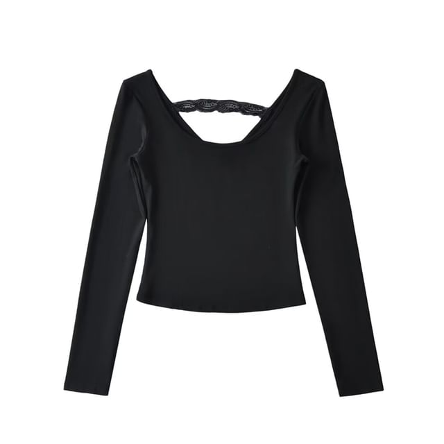 Slim-Fit Scoop Neck Lace Panel Crop Shirt