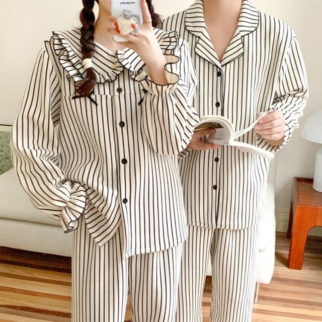 Couple Matching Pajama Set: Long-Sleeve Striped Button-Up Top + Pants (Various Designs)